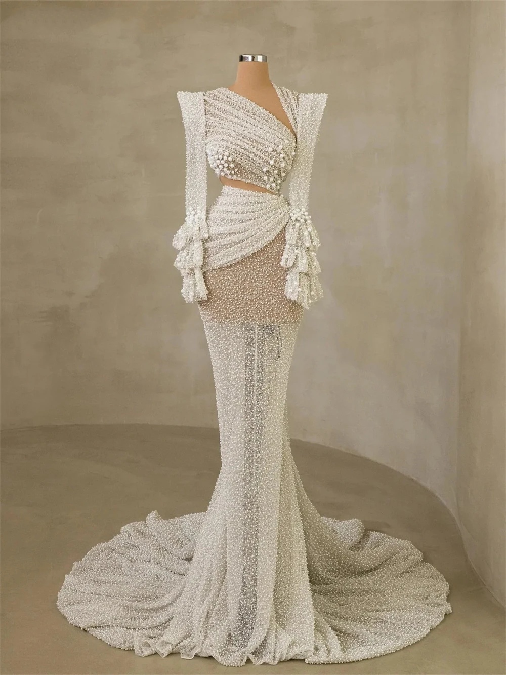 Glitter Beaded Lace Mermaid Wedding Dresses Sexy Long Sleeve Bridal Gown Sequined Pearls Customized Robe De Mariee