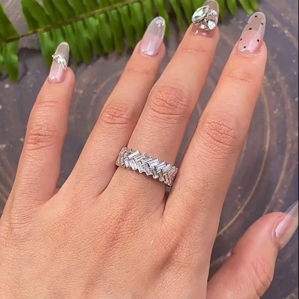 2-Row Baguette Full Moissanite Diamond Eternity Band for Women 925 Sterling Silver Herringbone Cut Wedding Ring Stackable Band