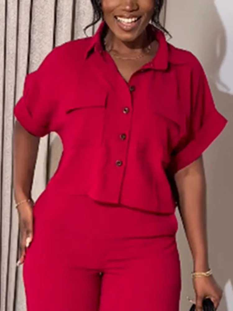 Womens two-piece set for spring and summer new style with collar and short SVED shirt high waist and wide legs mens casual suit womens clothingXJ25041