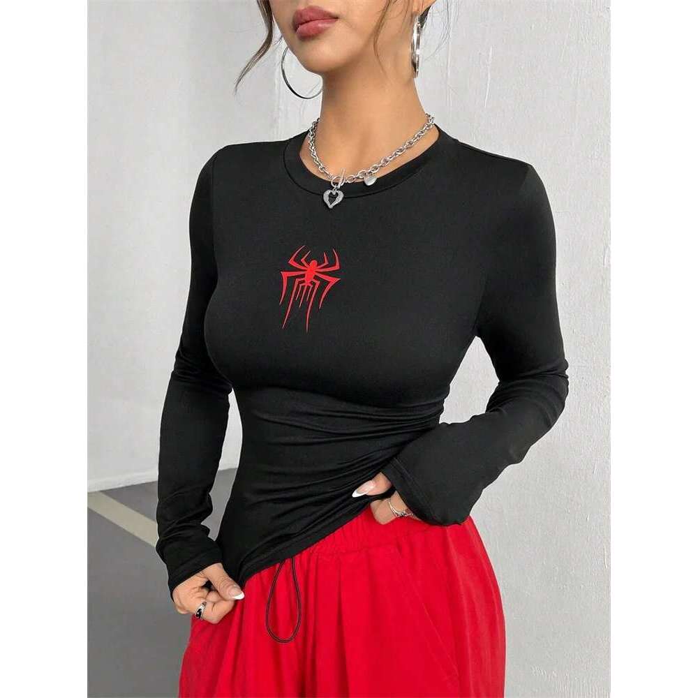 Women Spider Print Round Neck Long Sleeve Crop Tee Top Autumn Winter Spring Y2K Clothes Slim fit T-shirt