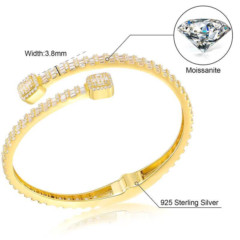 Drop Shipping Fine Women Jewelry 38mm Width 925 Sterling Silver VVS Baguette Moissanite Diamond Famous Brand Cuff Bangle