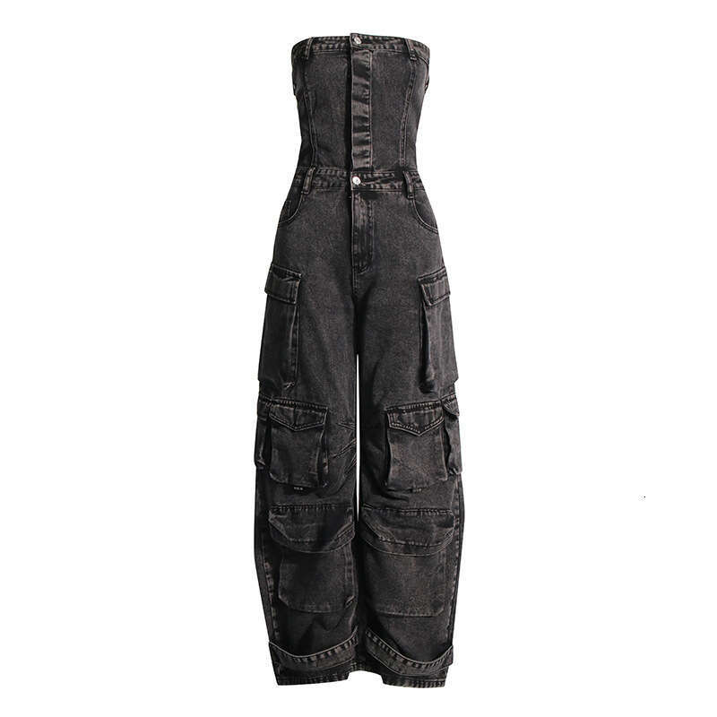 Designer Splice Pocket Denim Jumpsuit for Women - Chic Strapless Cutout Style with Tailored Fit
