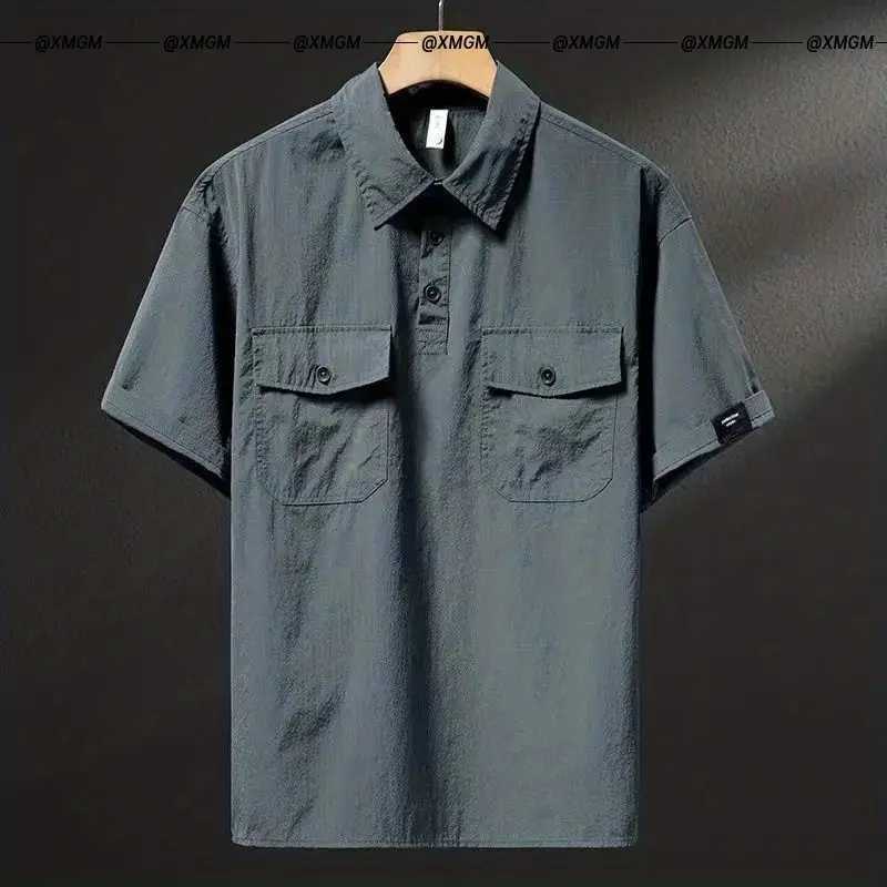 Summer Ice Silk US High end Workwear Short Sleeve Mens Grey British Fashion Retro Loose T-shirt Polo Shirt W250414