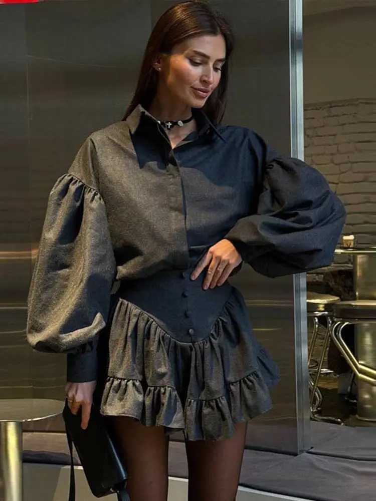 Plaid 2-piece womens 2025 spring collar lantern Sves single chest shirt A-line pleated mini leather Fe retro setXJ250414