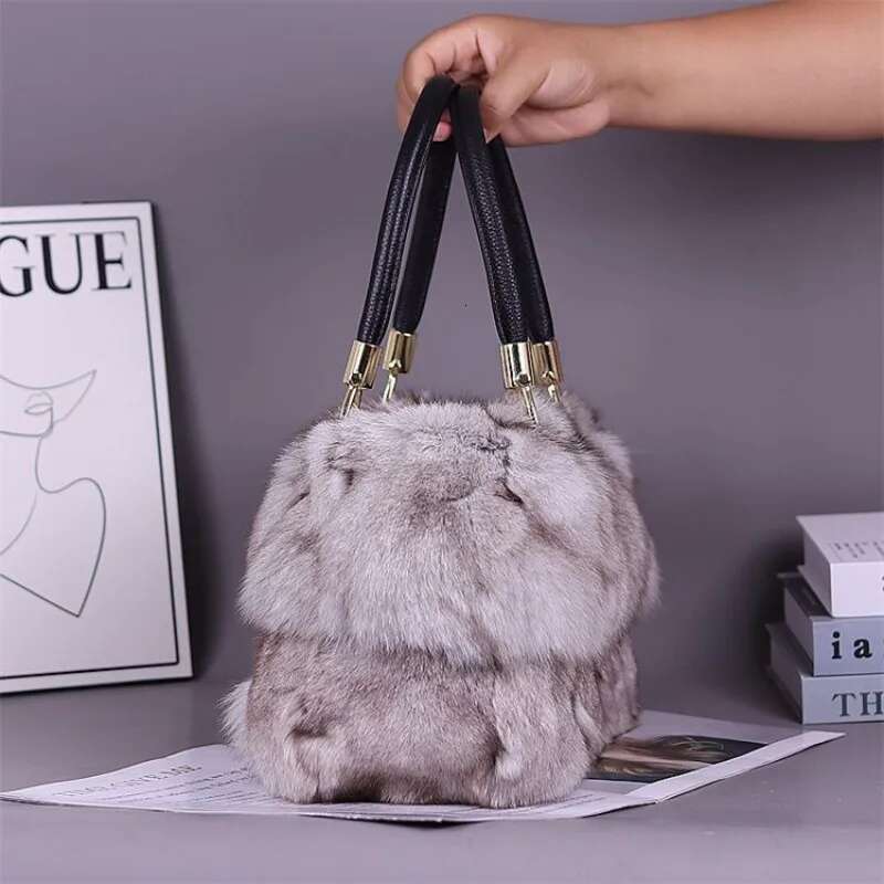 Ms.Minshu-Natural Bag For Women, Lady's Shoulder Bag, Girls' Wallet, Geometric Fox Fur Handbag, Winter
