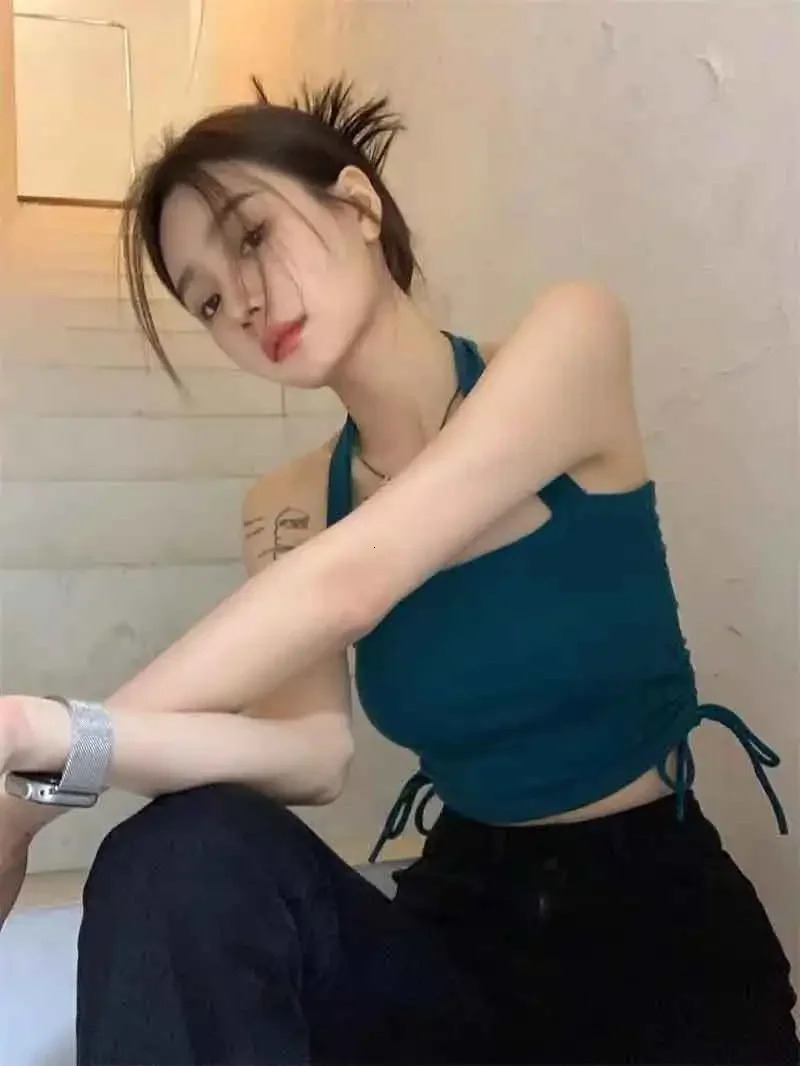 summer womens camisole neck vest crop slimming interior and exterior polyester fiber cross stitched top 250414Z