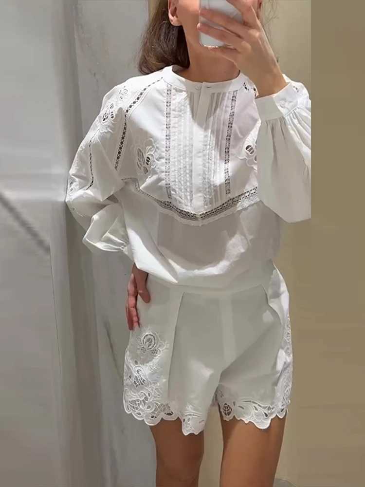 Casual lace womens two-piece fashionable round neck full lantern Sve Pullover mini shorts loose womens beachwearXJ250414