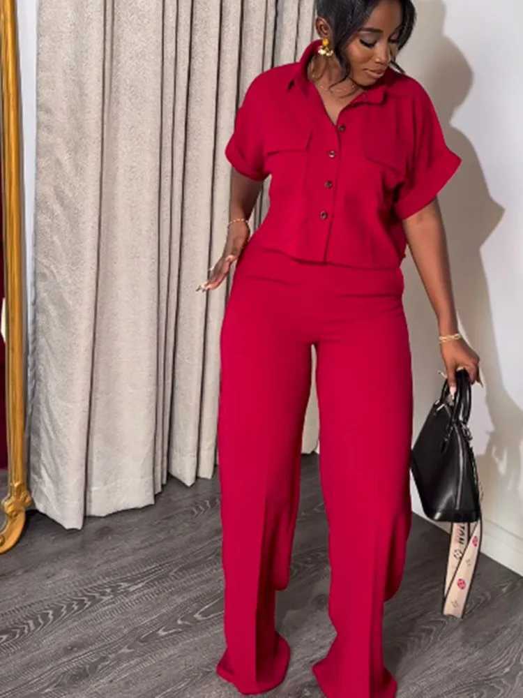 Womens two-piece set for spring and summer new style with collar and short SVED shirt high waist and wide legs mens casual suit womens clothingXJ25041