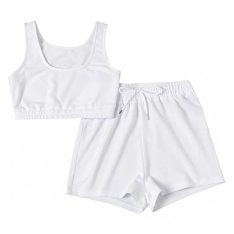 Crop top and Drstring shorts set sexy U-neck fitness vest summer sports casual cycling shorts two-piece set womens clothingXJ250414