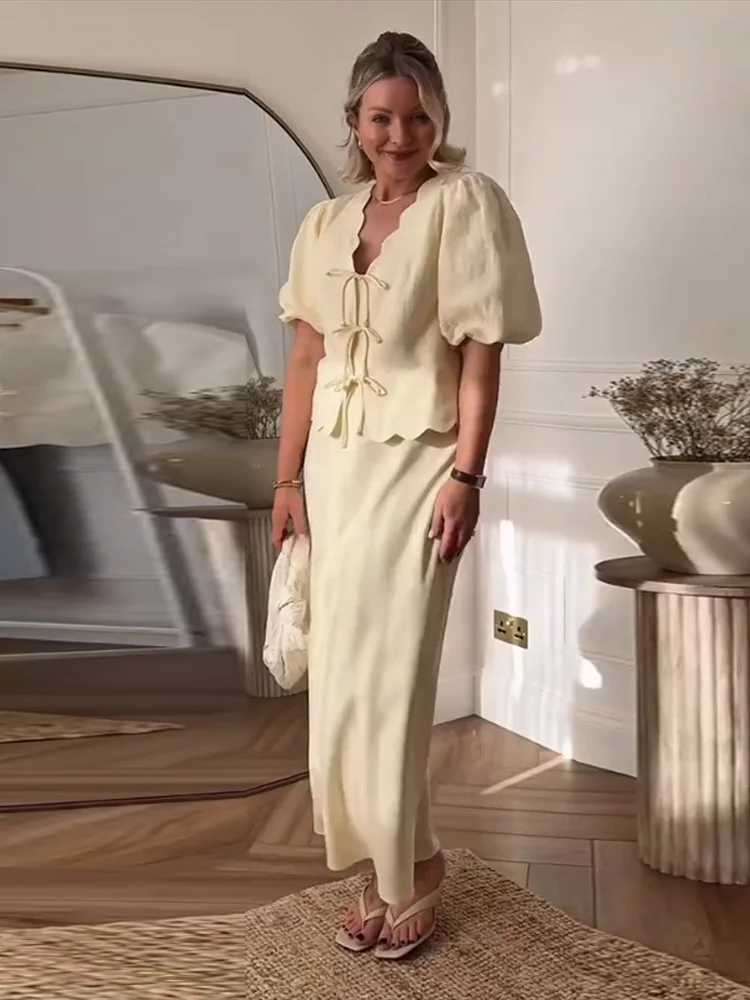 Casual Womens 3-Piece Summer Bow Lace Shorts Sve Top Elastic Waist Shorts with Drstring Skirt 2025 Vacation Womens SetXJ250414