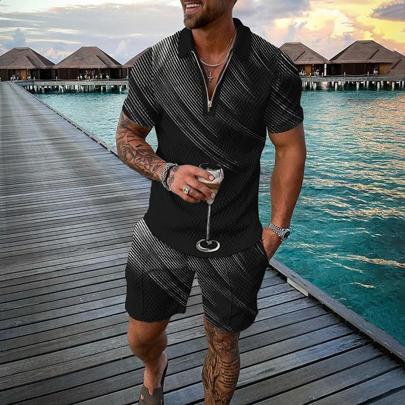 Vintage Mens Suit Fashion Zipper Polo Shirt Shorts Pants Two Piece Set 3D Print Oversize Men Clothing Tracksuit Set Clothing 250409