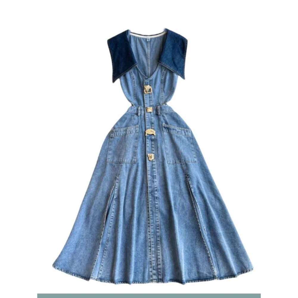 DEAT New Fashion Women's Patchwork Lapel Sleeveless Denim Dress 2024 Summer Trendy Single Breasted Split Dresses Female 33A1637