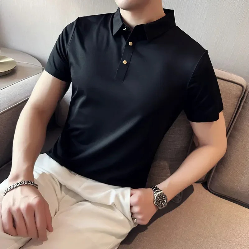 Ice Silk Traceless T-shirt Mens Business Casual Solid Color Half Sleeve High Elasticity Top Silk Smooth Breathable POLO Shirt 250411