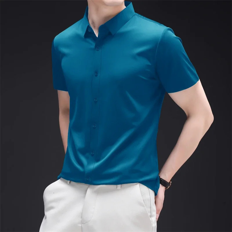 Mens Business Casual Short Sleeved Solid Color Shirt Wrinkle Resistant Wrinkle Free Comfortable All Season Versatile Top 250414