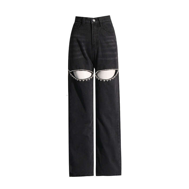 Designer Elegant Women's Spring 2025 Denim Jeans - High Rise, Straight Cut with Distinctive Diamond Pattern