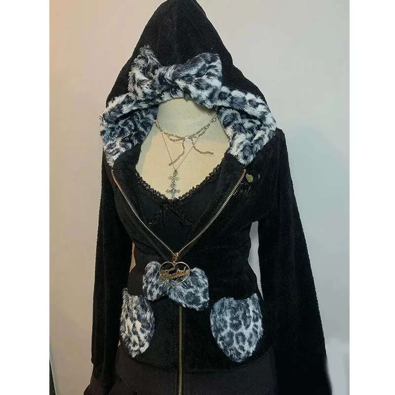 Streetwear American Haruku Y2K Women Hip Hop Plush Patchwork Zipper Hoodie Gothic Fashion Sportswear Sweatshirt