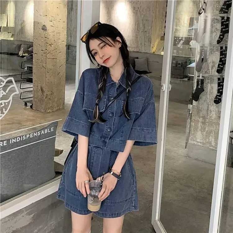 Summer Retro Denim Shorts Set Womens Fashion Reduced Collar Half Sve Shirt Top Casual Loose Shorts Two Piece SetXJ250414