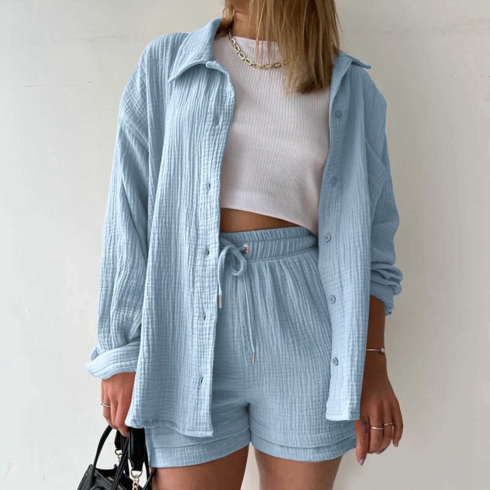 Summer Womens Set 2024 Wrinkle Shirt Two Piece Set Solid Color Womens Drstring Shorts Set Blue Button SetXJ250414
