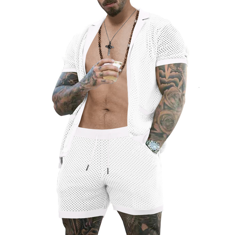 2025 Shorts Ice Cool Hole Cloth Flip Collar Cardigan Short sleeved for Men, Summer Two piece Set
