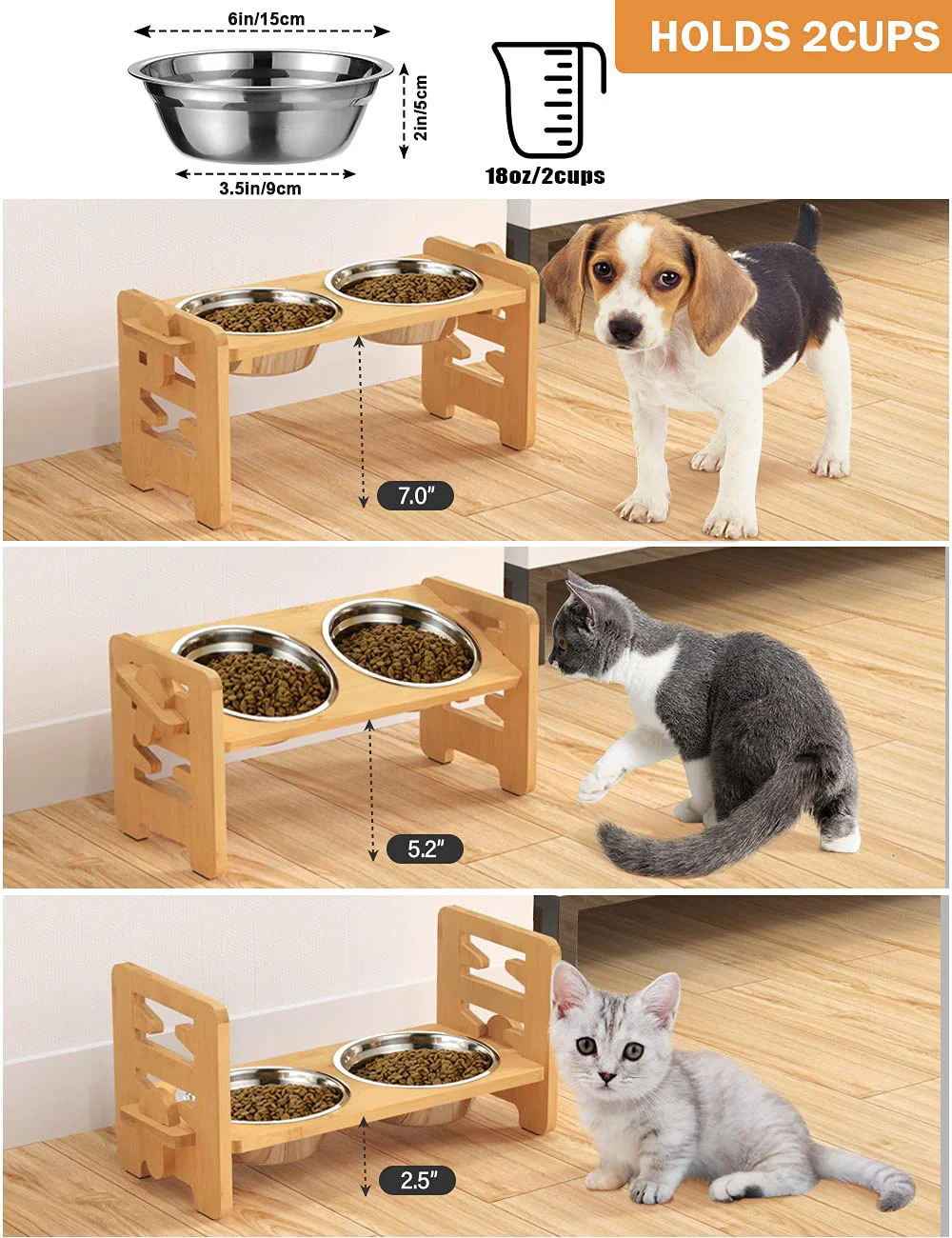 Stainless steel dog bowl with bamboo frame adjustable tilt lift for puppies cats food bowl and pet feeder accessories 250414
