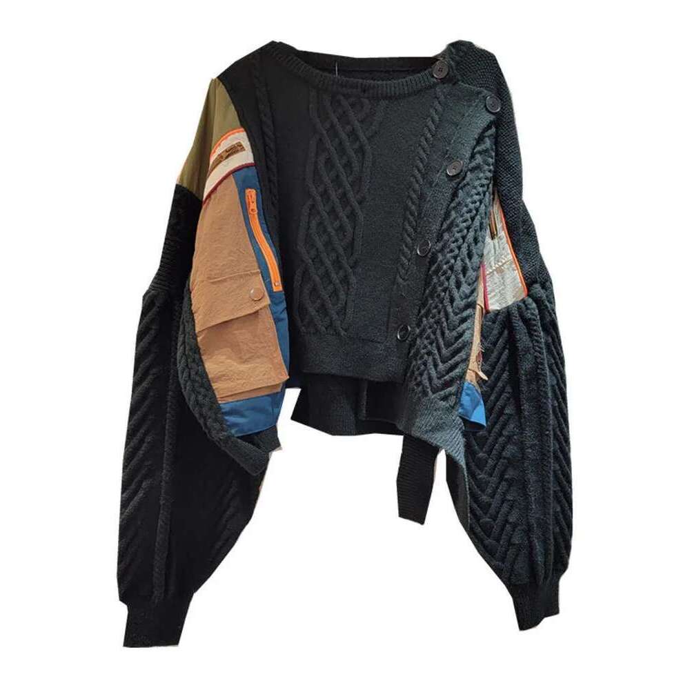 DEAT New Fashion Women's Irregular Patchwork Knitted Sweater 2024 Autumn Trendy Oblique Single Breasted Tops Female 33A2043
