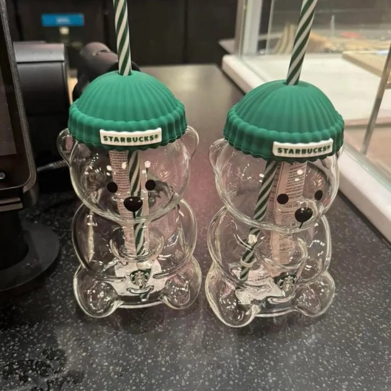 20oz Star bucks Teddy Bear Barista Glass Bear Cup With Straw Cute Transparent Tumbler With Hat For Iced Coffee Cold Drink Gift