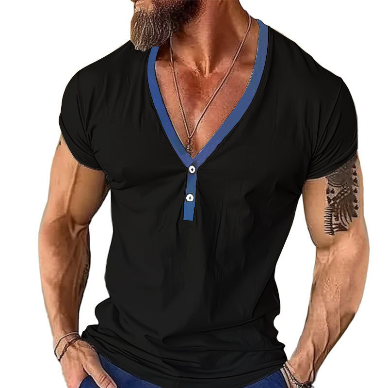 2025 men's loose Henley shirt casual color blocked youth short sleeved T-shirt