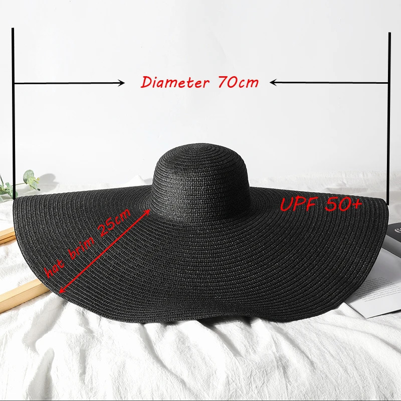 Summer 70cm Large Wide Brim Sun Hats For Women Oversized Beach Hat Foldable Travel Straw Hat Lady UV Protection Sun Shade Hat 250408