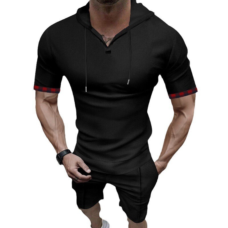 2025 Summer New Men's Waffle Hooded Short sleeved Shorts Casual Sports Set for Men