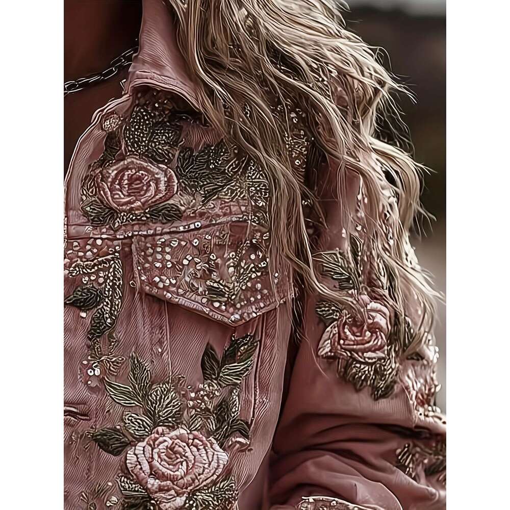Women's Elegant Retro Floral Print Imitation Denim Jacket - Structured Lapel Collar Single-Breasted Long Sleeve Coat With Button Closure, Pink & 