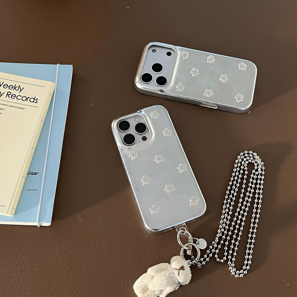 Leather Silver Flower Phone Case Compatible with iPhone 17/16 Pro Max Cartoon Bear Chain Case iPhone 15/14