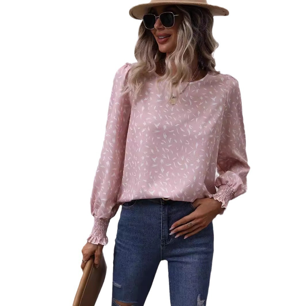 2025 round neck bubble sleeves leopard print chiffon shirt commuter top for women