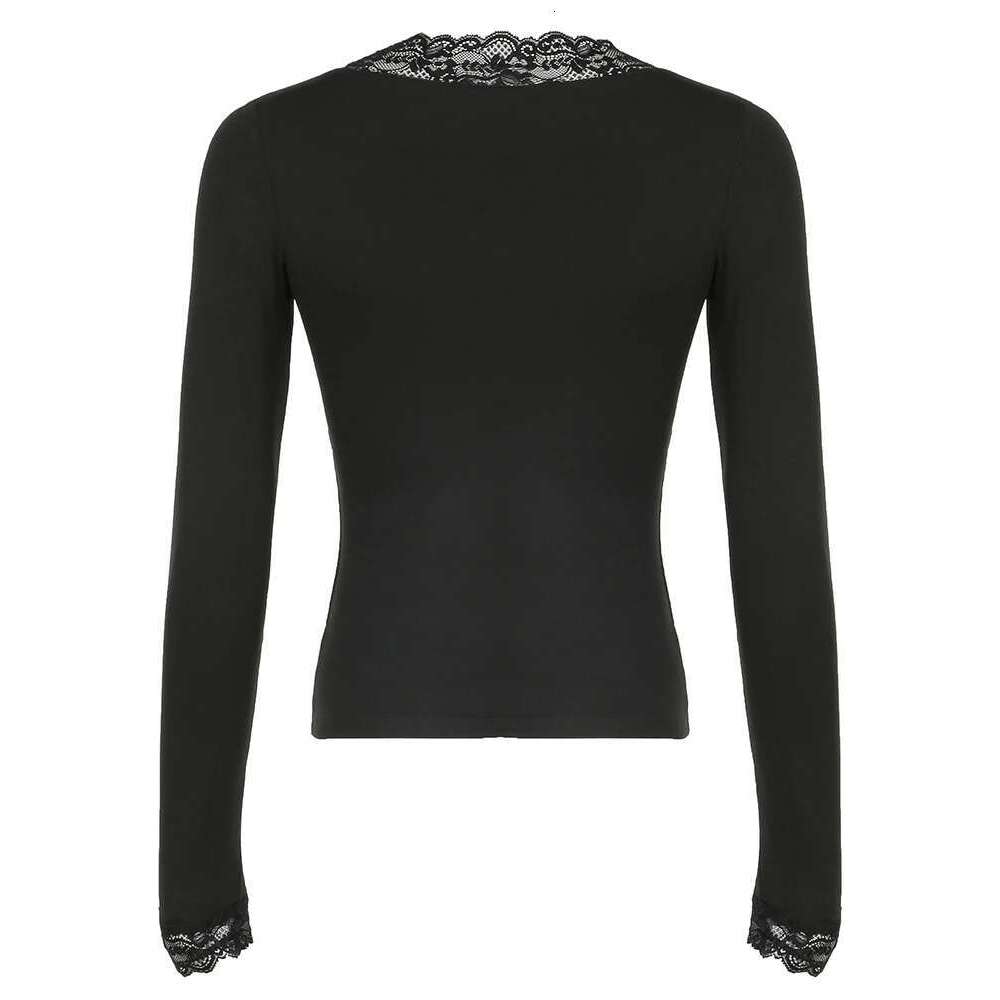 Cuteandpsycho Lace Patchwork Solid Slim Tee Shirts Long Sleeves V-neck Aesthetic Fashion Clothes Vintage Streetwear Black Tops