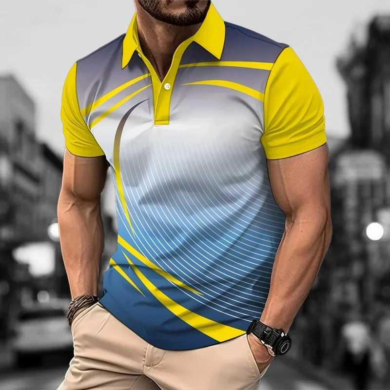 3D printed color striped mens polo shirt with geometric color block pattern mens casual lapel short sleeved top W250414
