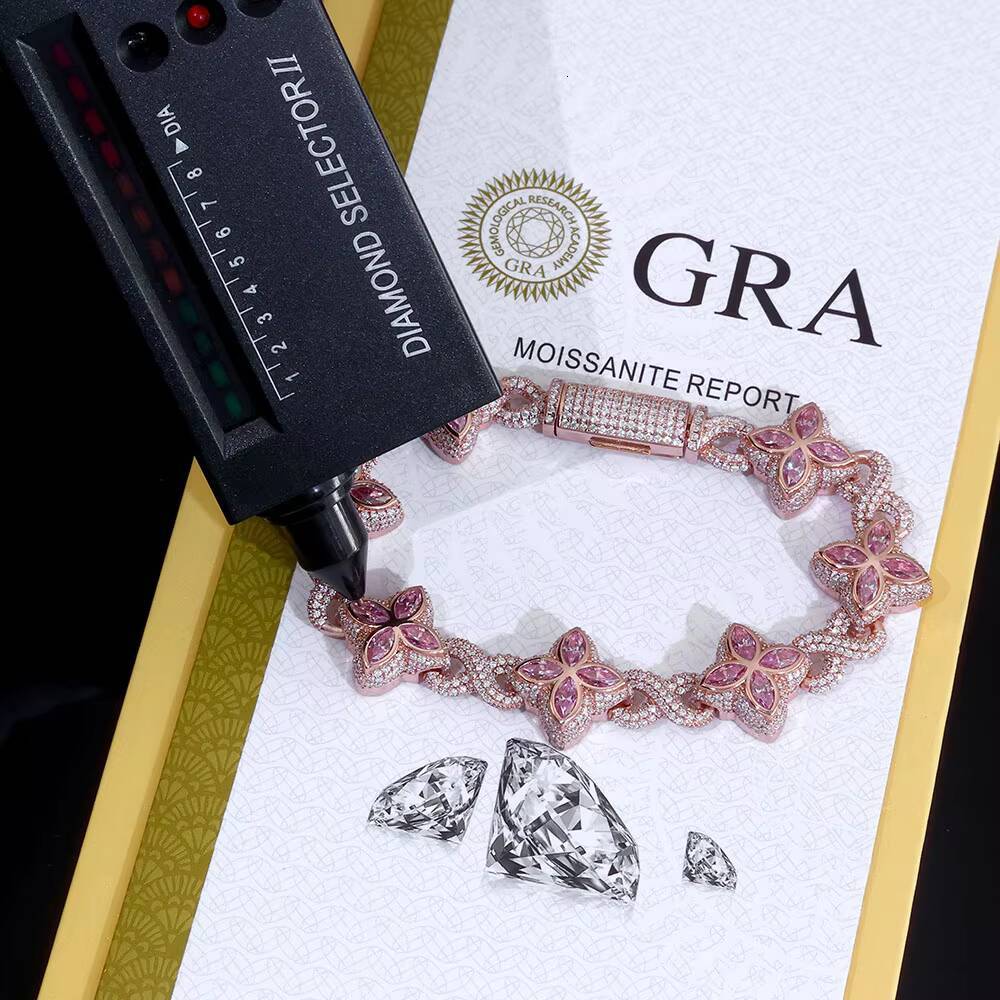 Colorful VVS Moissanite Cuban Link Bracelet 925 Silver Iced Out Colors Floral Design Bracelet Hip Hop Fine Jewelry for Men Women