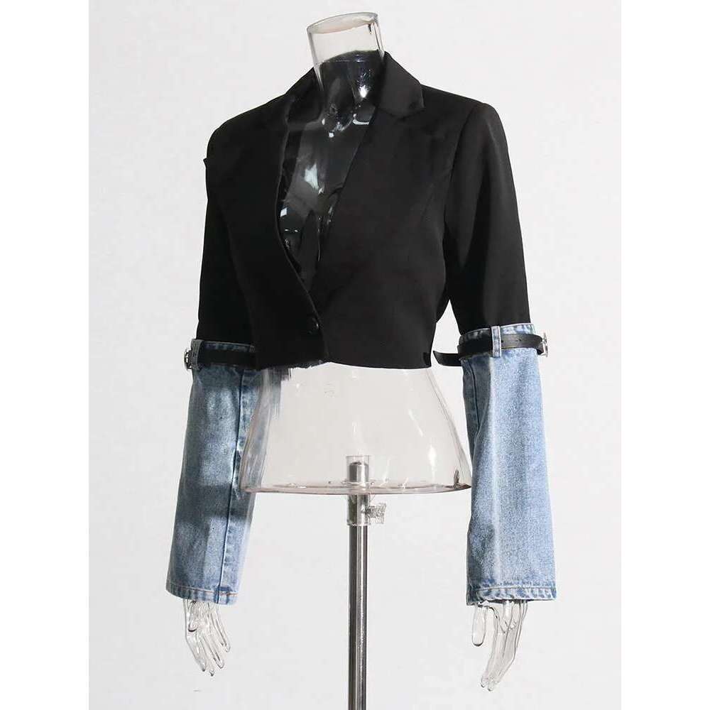 DEAT Fashion Trendy Women's Spliced Denim Belt Long Sleeves Coat 2024 Spring New Turn-Down Collar Buttons Jacket Female 7Ab010