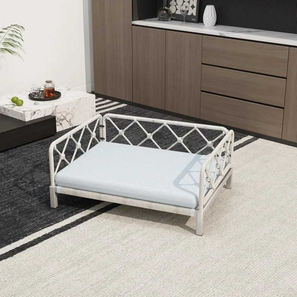 Er dog bed with 2-inch cushion Rattan dog sofa bed suitable for small and medium-sized dogs - indoor/outdoor metal frame pet bed up to 66lbs (gray mou
