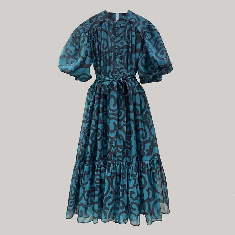 Designer Women's French Style Printed Maxi Dress with Bubble Sleeves - Loose Fit, Round Neck for Summer