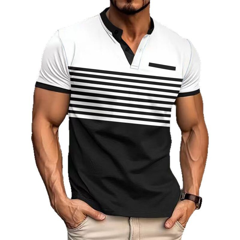 Summer Men's Casual POLO Shirt V-neck Striped Button Flip Collar Short Sleeve 2025 Top for Men