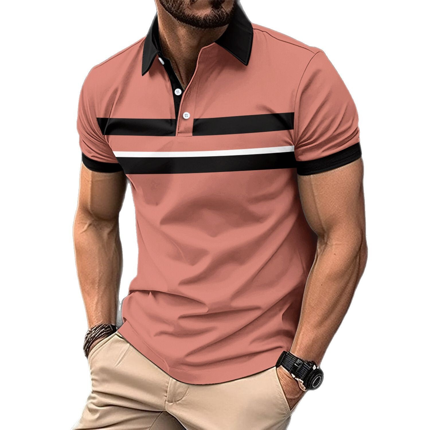 New polo shirt, short sleeved T-shirt, men's bird eye cloth, lapel button, digital printed versatile top