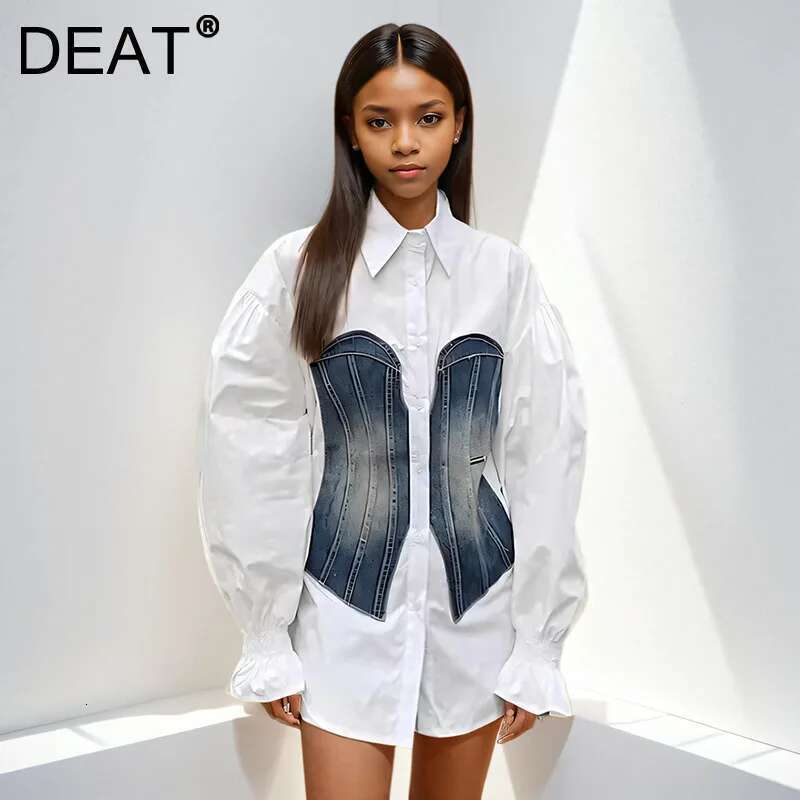 DEAT Fashion Women's Denim Patchwork Long Sleeves Blouse Waisted Single-Breasted Shirts Female Spring New Arrival 33A2149