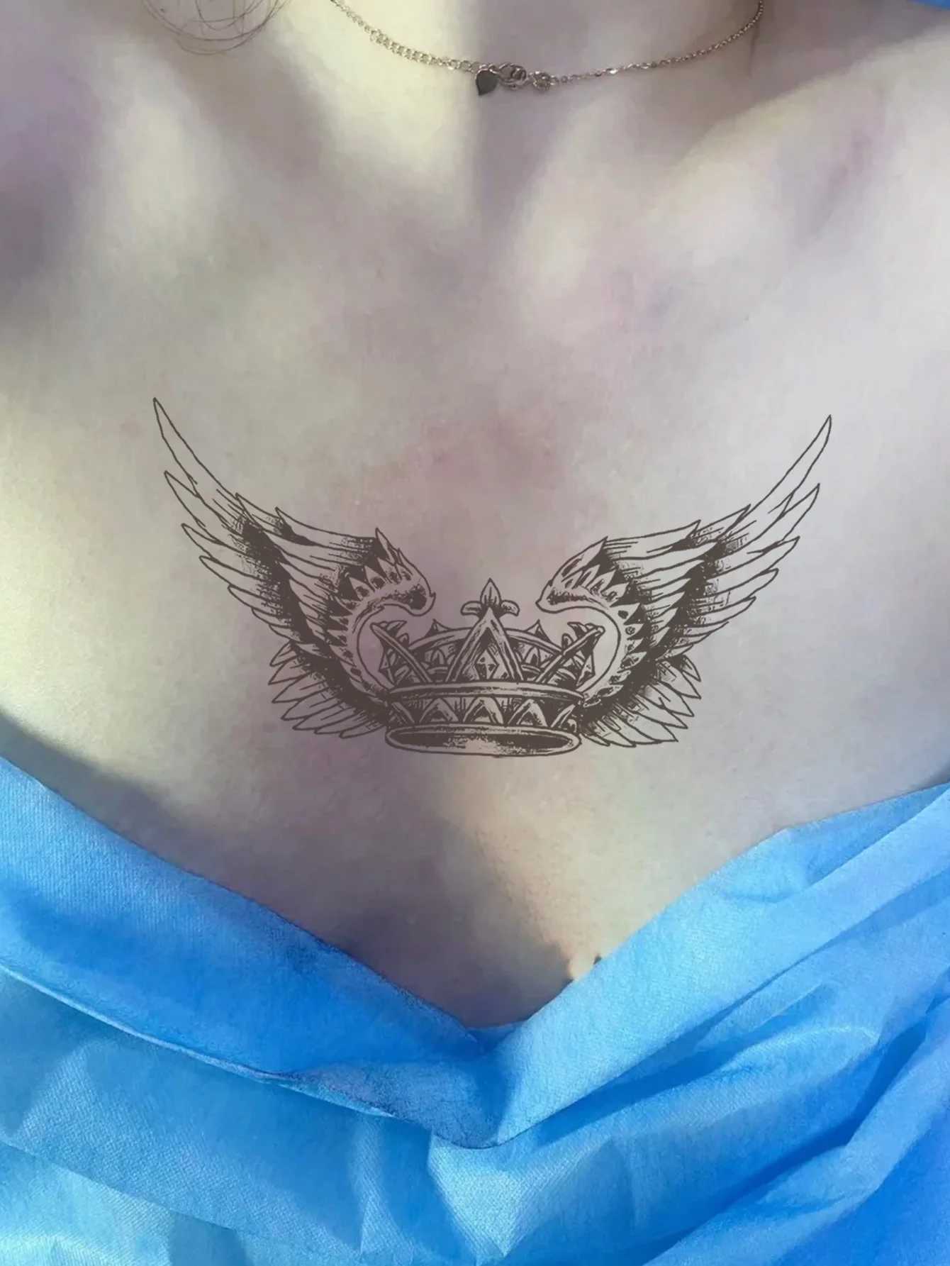 Angel wings and crown collar waterproof temporary tattoo sticker lasting 1-2 weeks real semi permanent fake tattooXJ25414