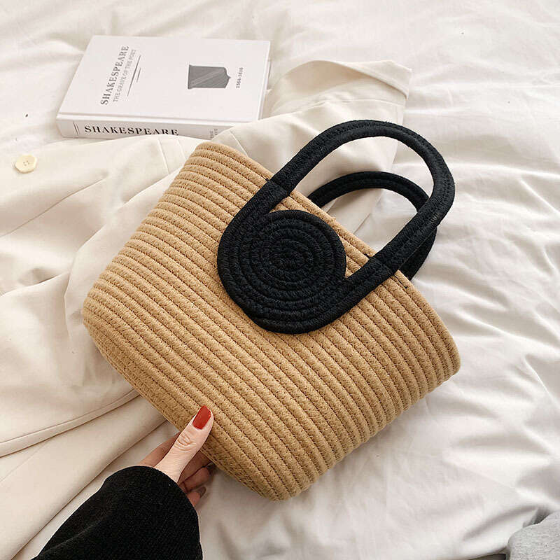 Handmade Beach Bag 2024 New Woven Simplified Retrofit Grass Knitted Handbag Oblique Cross Holiday Cotton Rope Commuter Tote Women's Bag Kq2