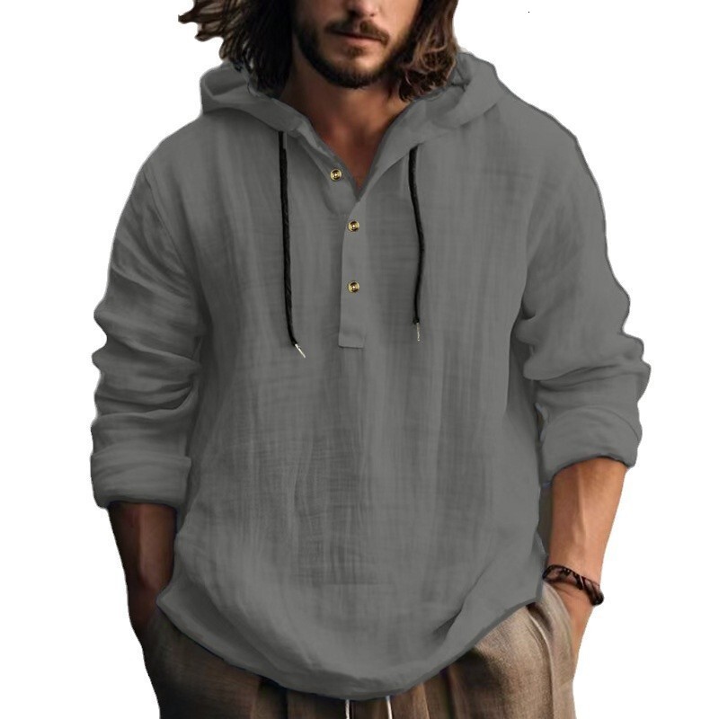 2025 new linen shirt hooded T-shirt sweatshirt, spring and autumn men's long sleeved casual daily clothing