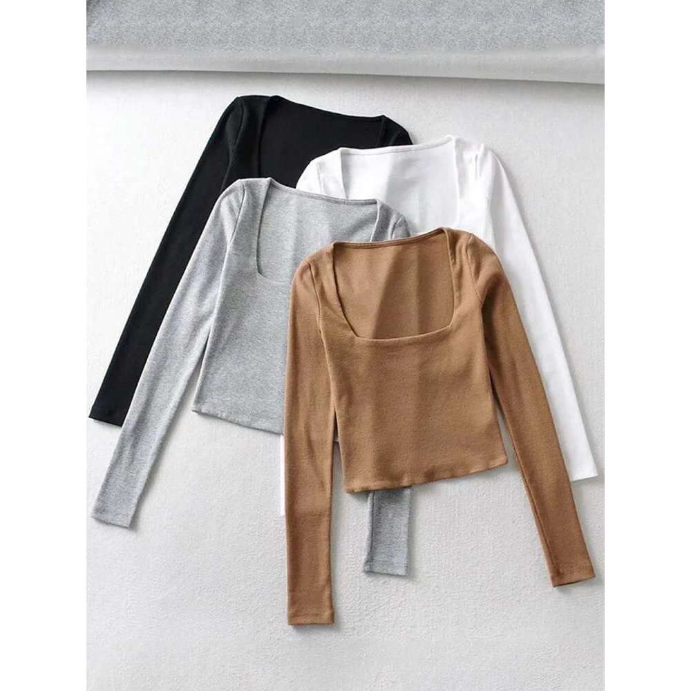 Women Ribbed Square Neck Crop Top With Long Sleeve