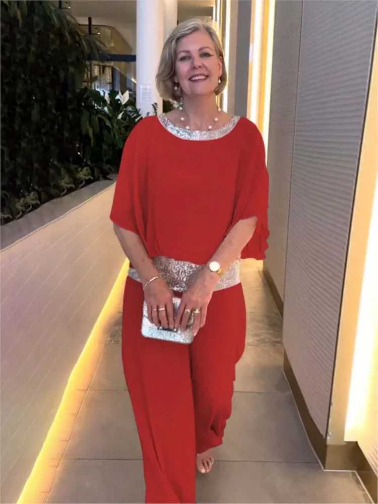 Summer fashion new Ele womens chiffon set round neck sequin color bat shirt wide leg pants set fashion two-piece setXJ250414