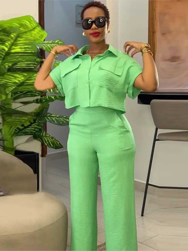Womens two-piece set for spring and summer new style with collar and short SVED shirt high waist and wide legs mens casual suit womens clothingXJ25041