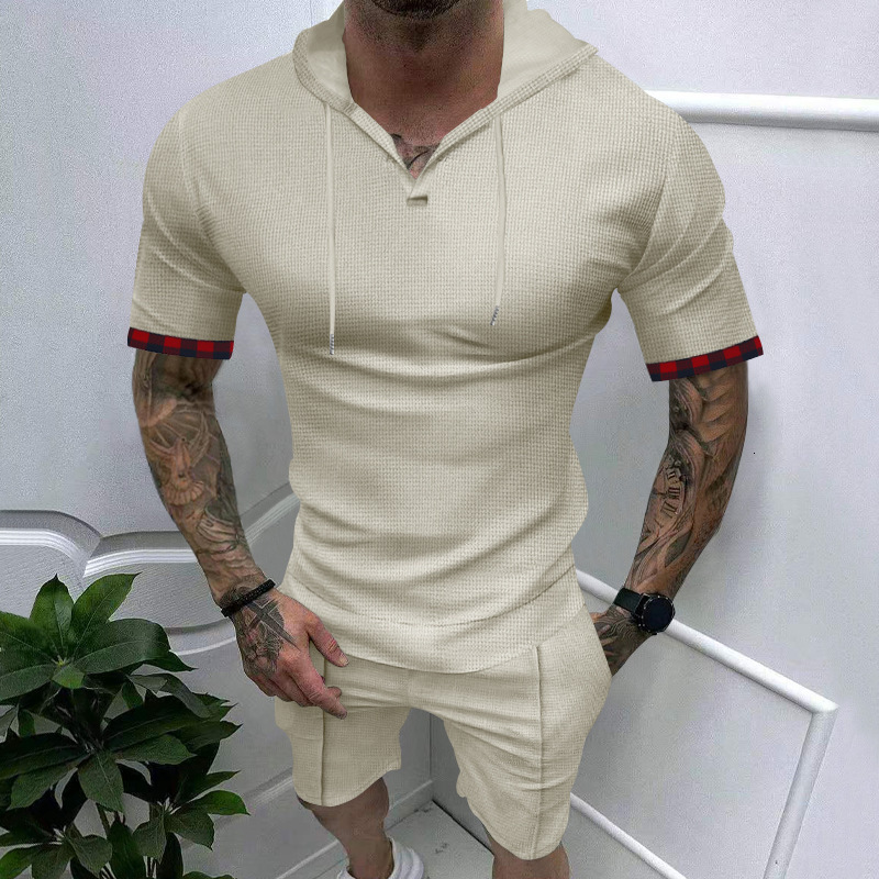 2025 Summer New Men's Waffle Hooded Short sleeved Shorts Casual Sports Set for Men