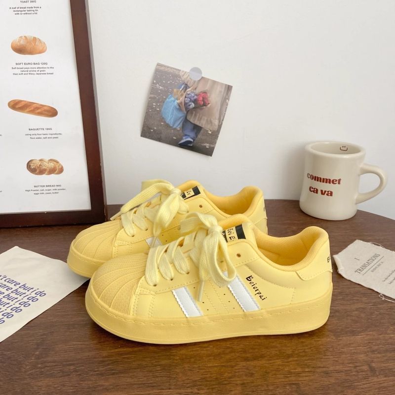 designer casual shoes 2025 Warm yellow thick-soled canvas shoes for women shell head autumn style ins niche Korean version all-match low-top sports sh