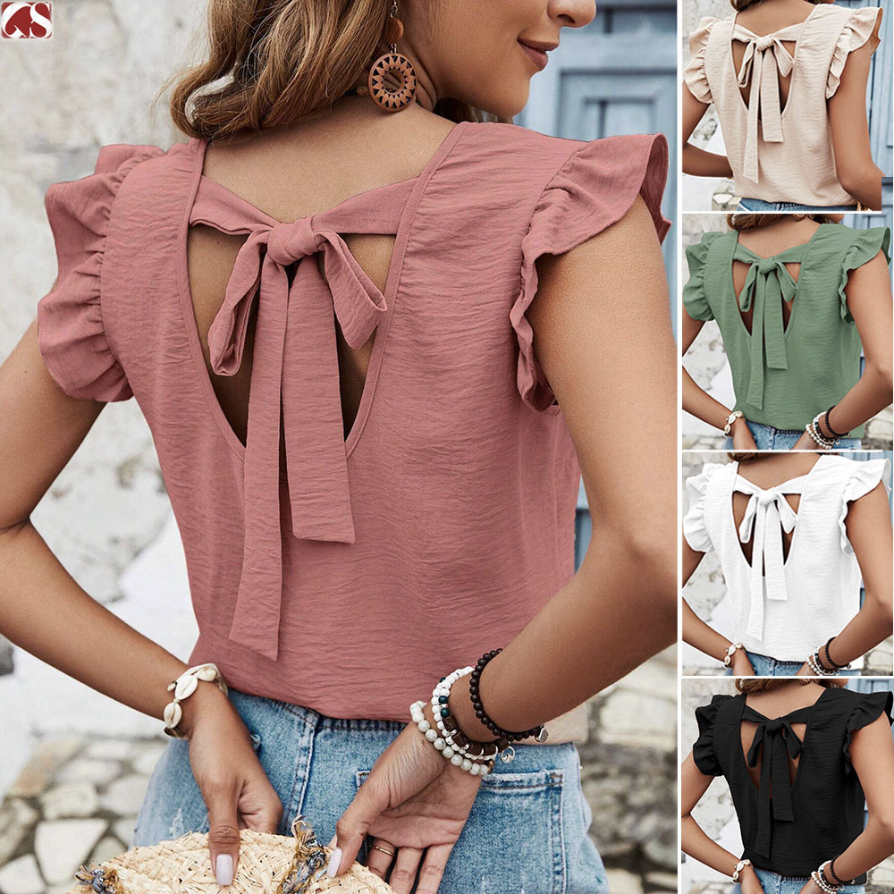 Women's clothing vest, solid color round neck pullover, lotus leaf edge bow, sweet top for women